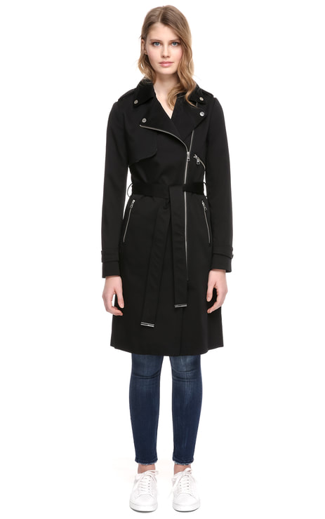 ATHENA belted knee-length stretch cotton coat with flaps