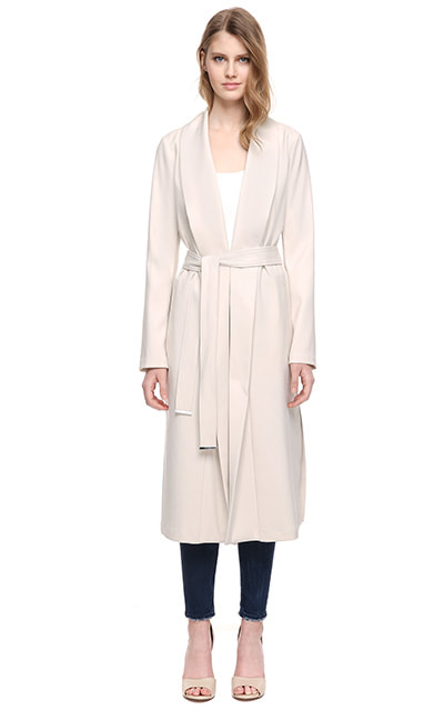 DESSIE straight-fit belted coat with long draped collar